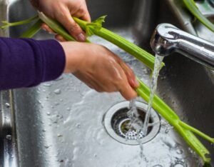 washing vegetables in the sink